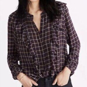 Madewell Women's shirt button down ruffle front purple gold xs Plaid blouse Top